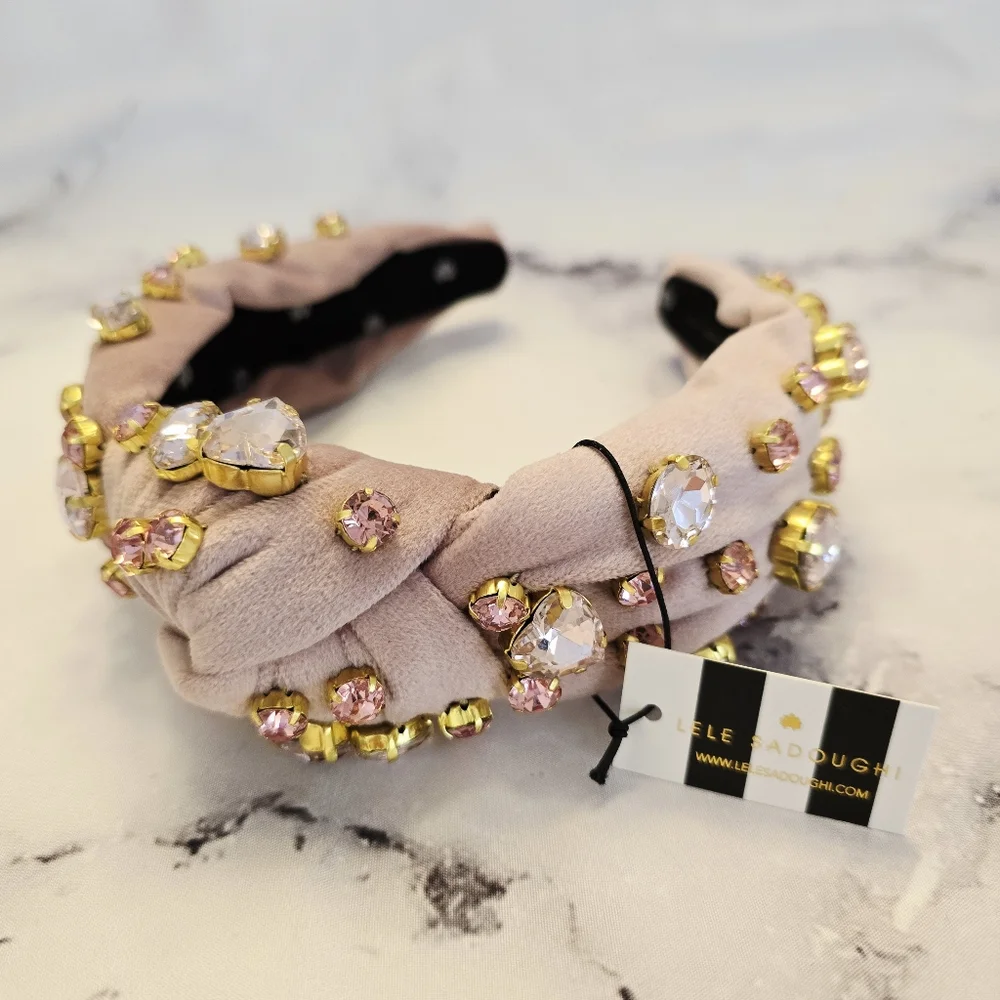 Lele Sadoughi Birthstone JUNE - Heart Crystal Velvet Headband Alexandrite Pink